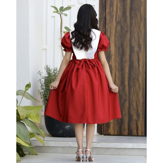 صورة فستان بناتي مطرز بأكمام منفوشة | ألوان (أحمر، عودي، ليموني) - 1175